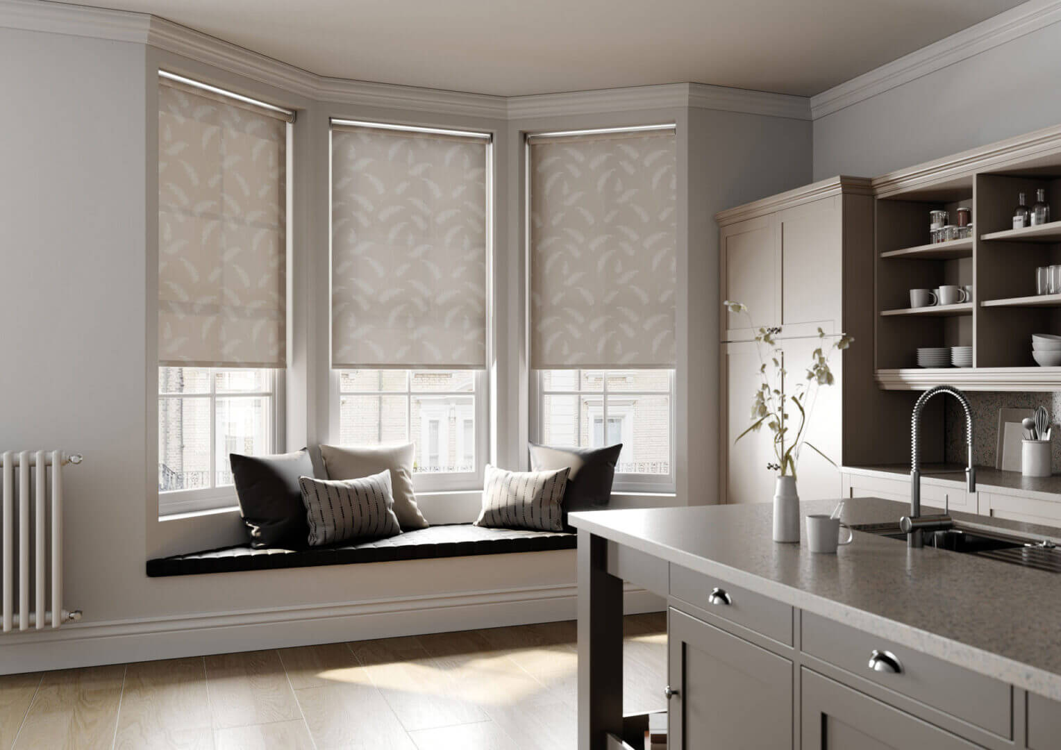 Light grey roller blinds fitted in a modern kitchen, providing soft natural light – Solacraft blinds Hampshire